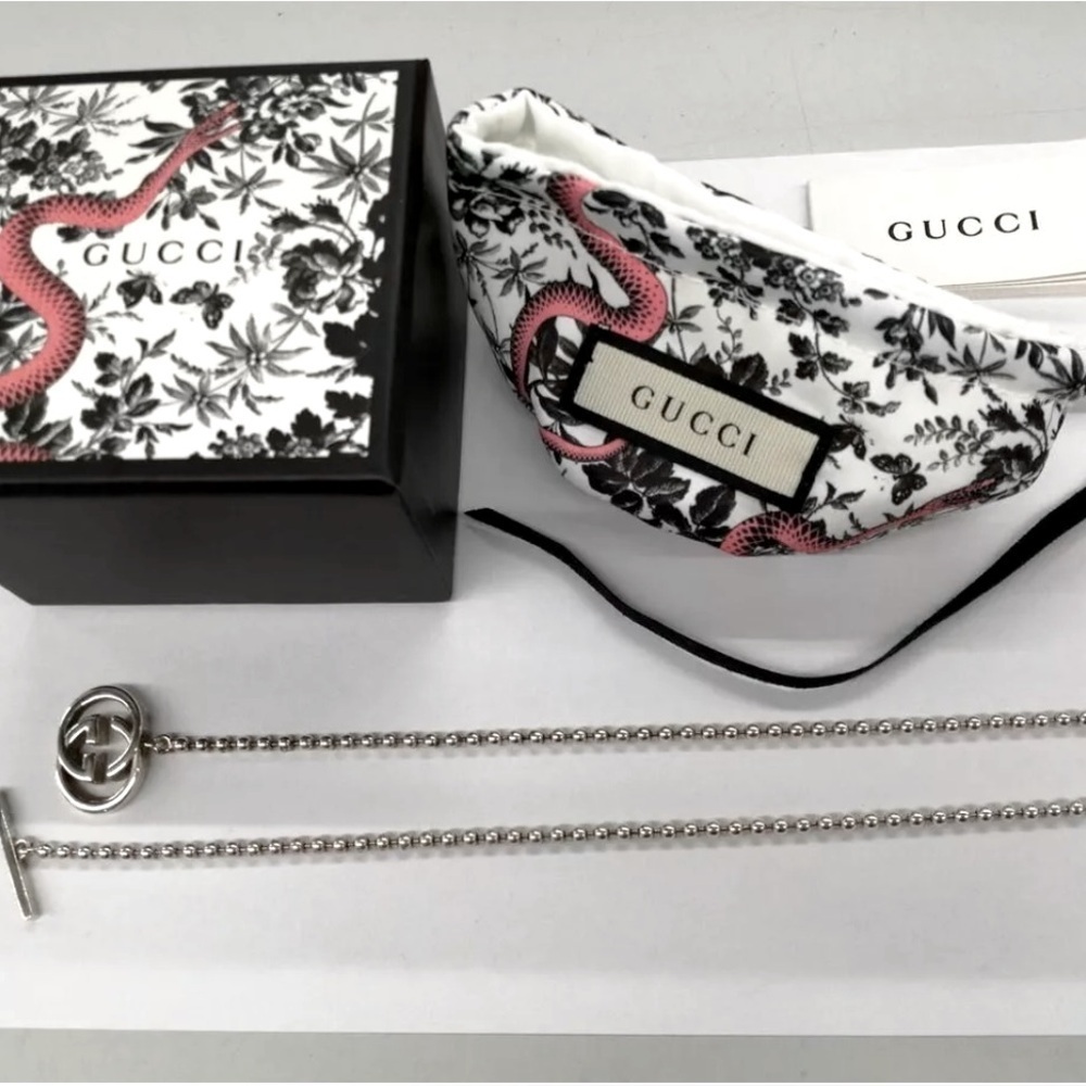 Gucci GG Logo Interlocking 925 Silver Ballchain Necklace , box/Dustbag/Pamphlet - Picture 2 of 15